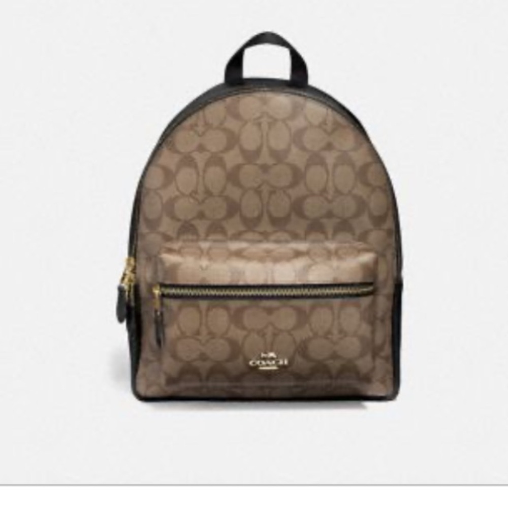 Coach Brown Signature Canvas Backpack with Black Trim